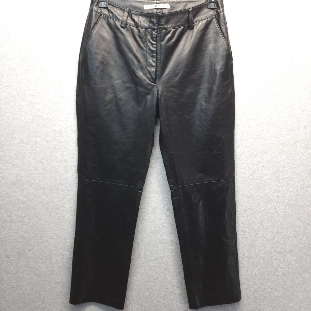 Tommy Hilfiger Vintage Leather Pants Womens 10 Black Lined Y2K Straight Leg